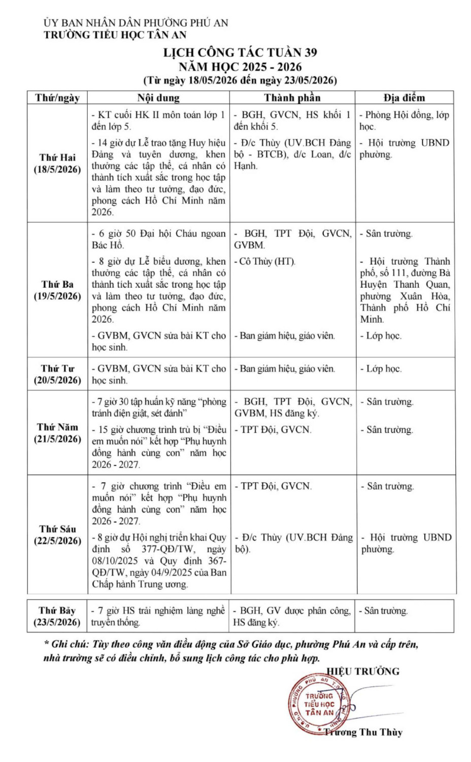Lich làm việc trường TH Tân An