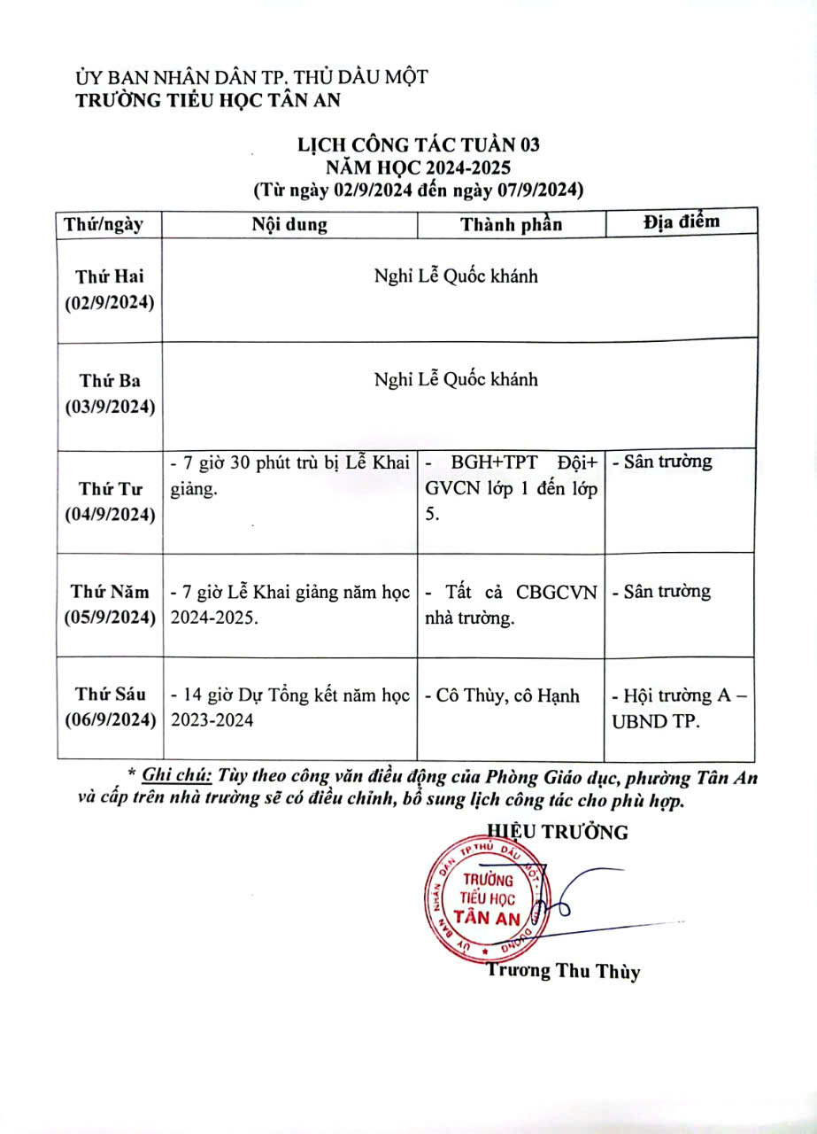 Lich làm việc trường TH Tân An