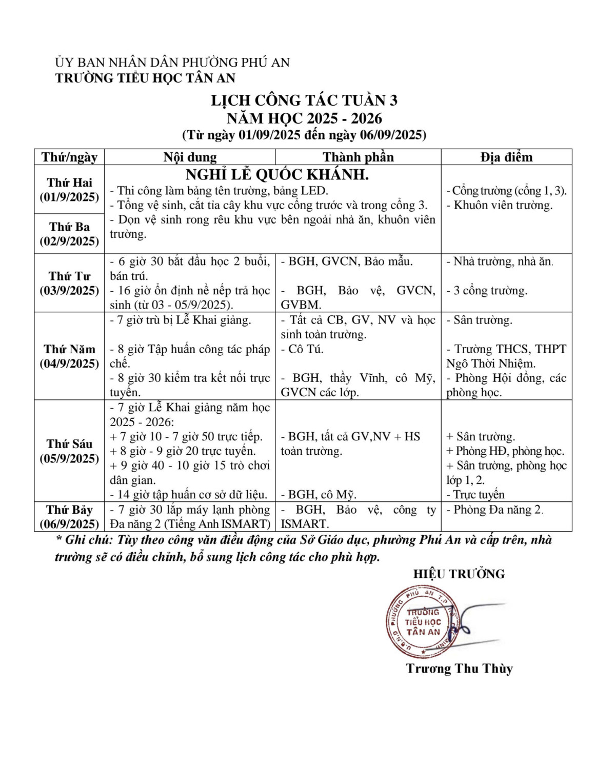 Lich làm việc trường TH Tân An