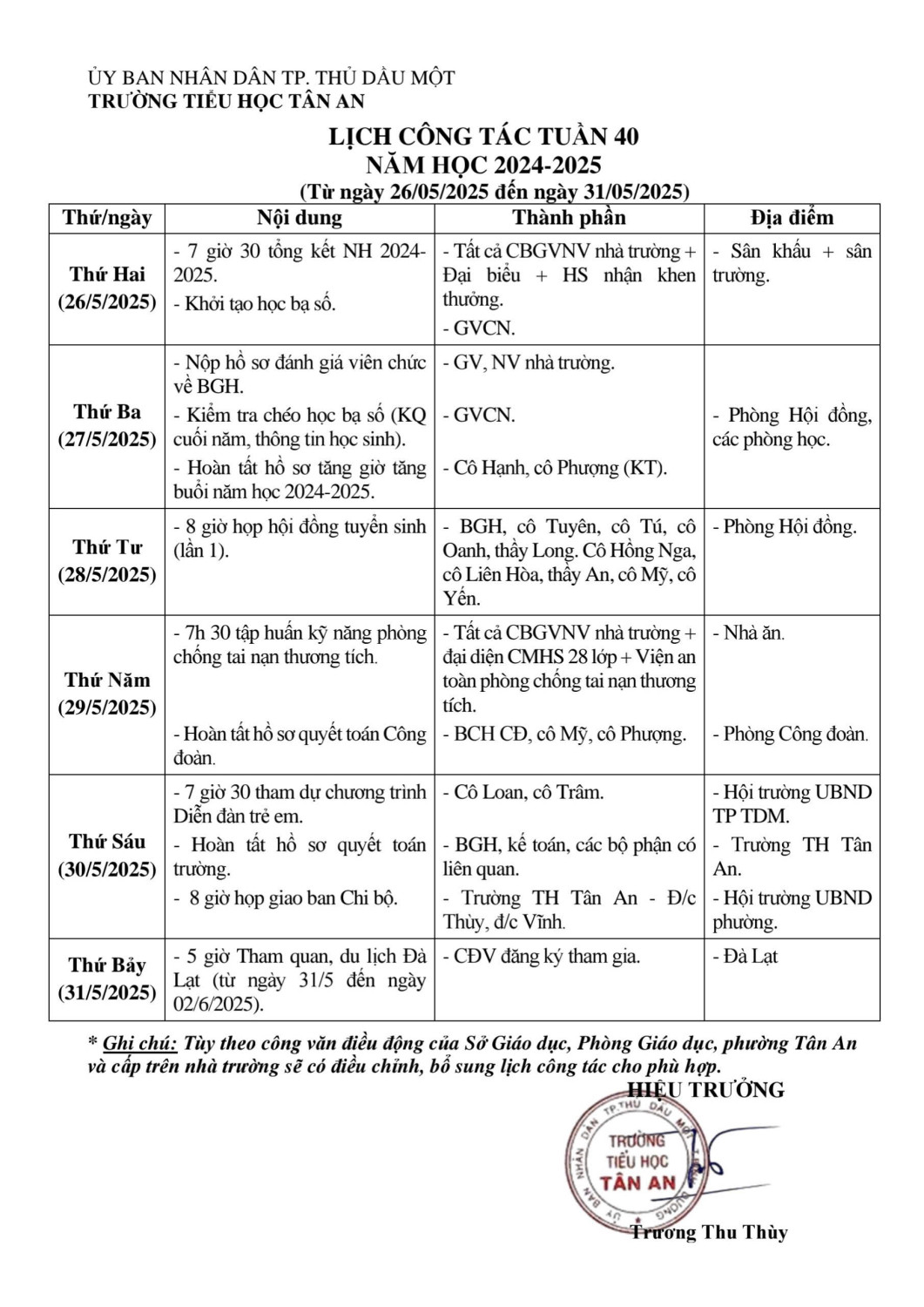 Lich làm việc trường TH Tân An