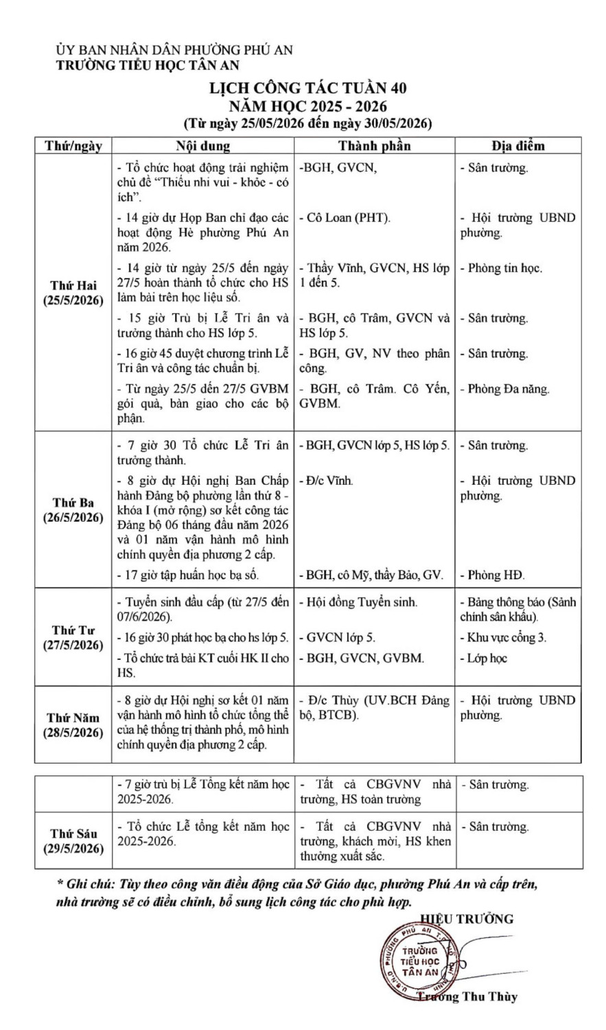 Lich làm việc trường TH Tân An