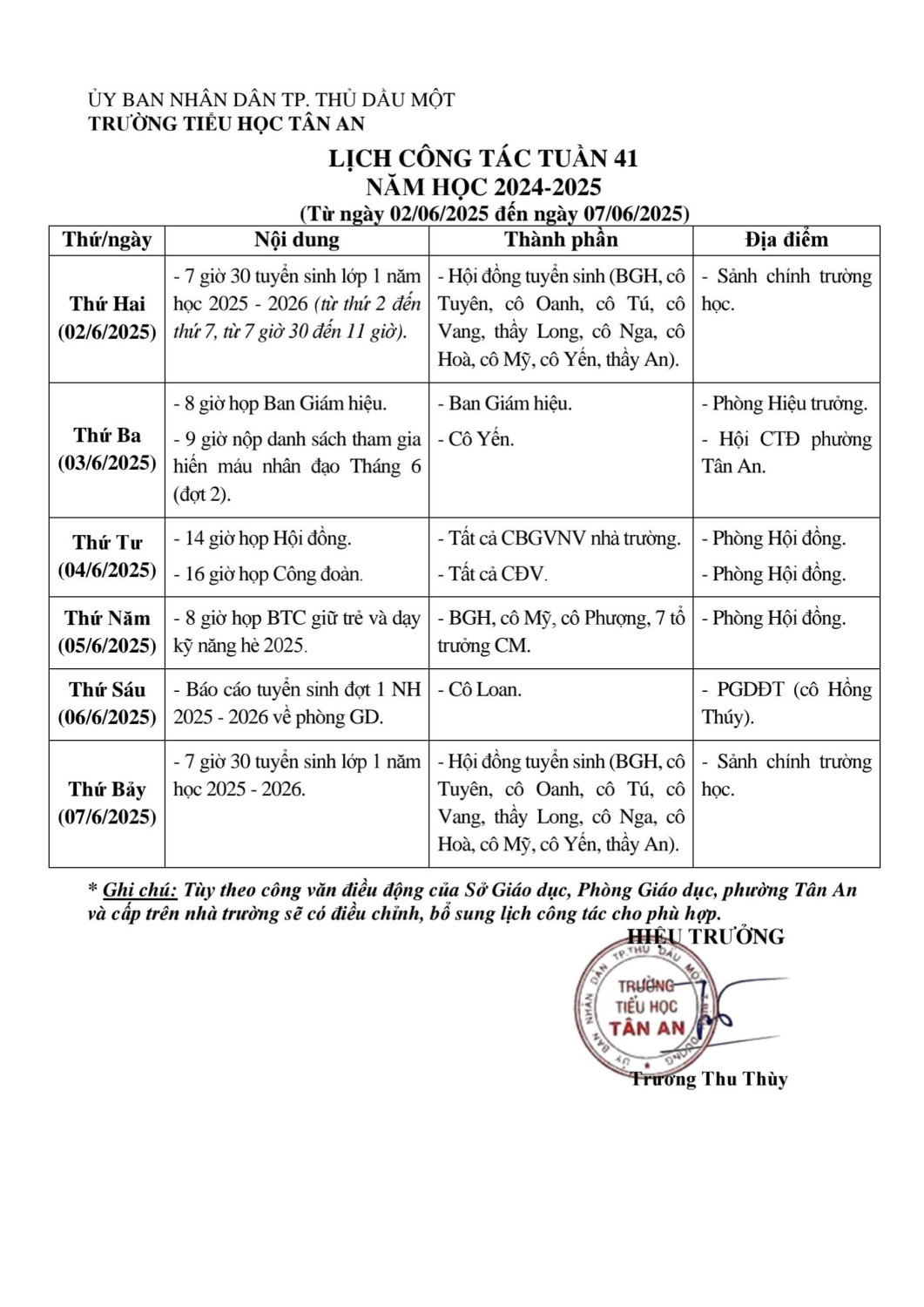Lich làm việc trường TH Tân An