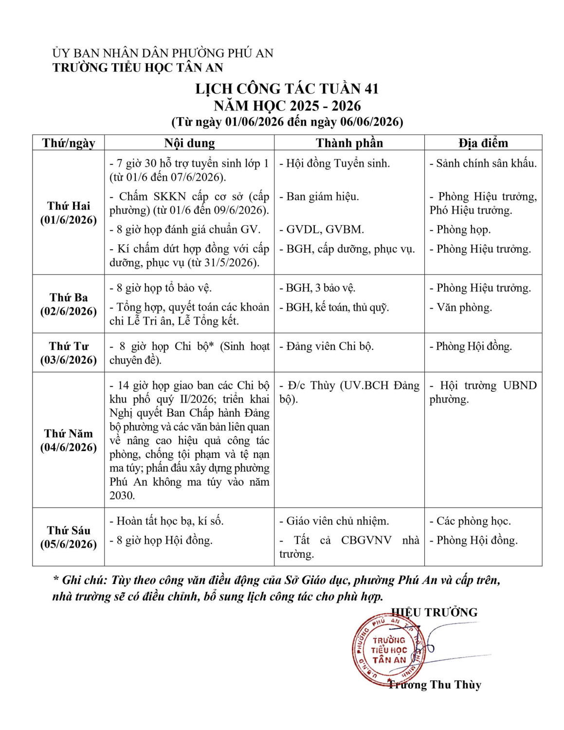 Lich làm việc trường TH Tân An