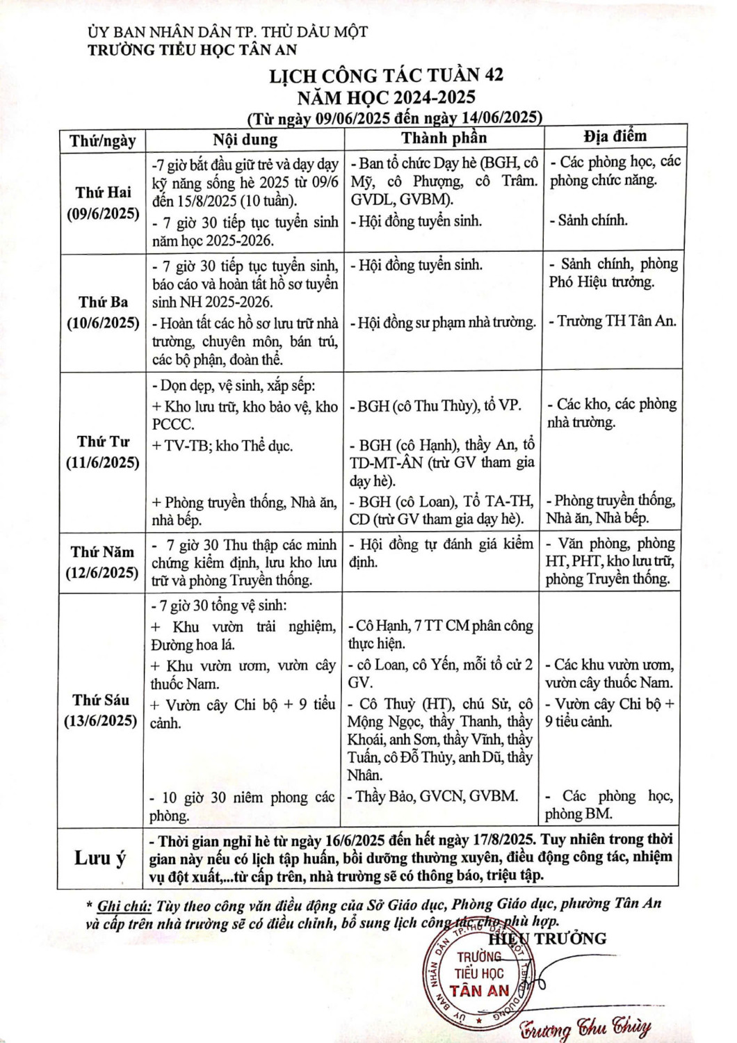 Lich làm việc trường TH Tân An