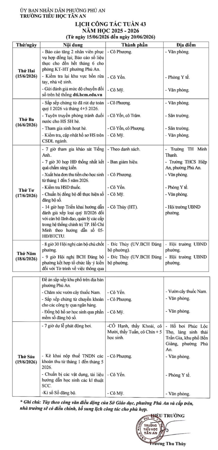Lich làm việc trường TH Tân An