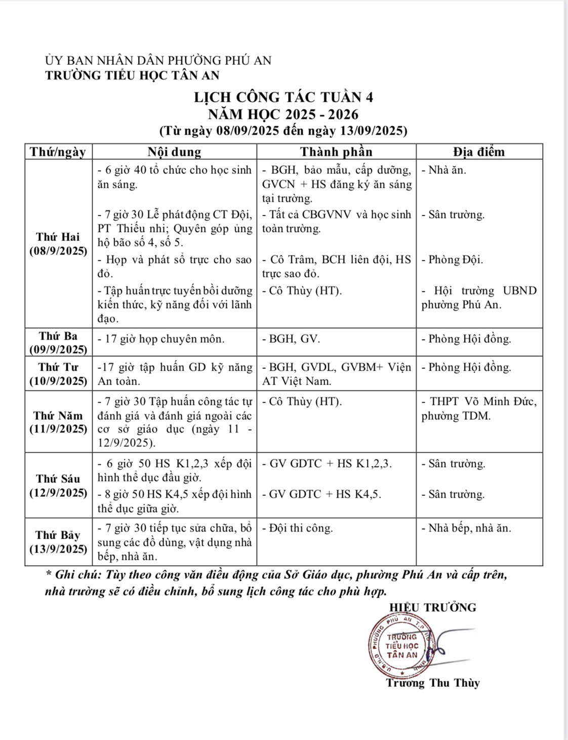Lich làm việc trường TH Tân An