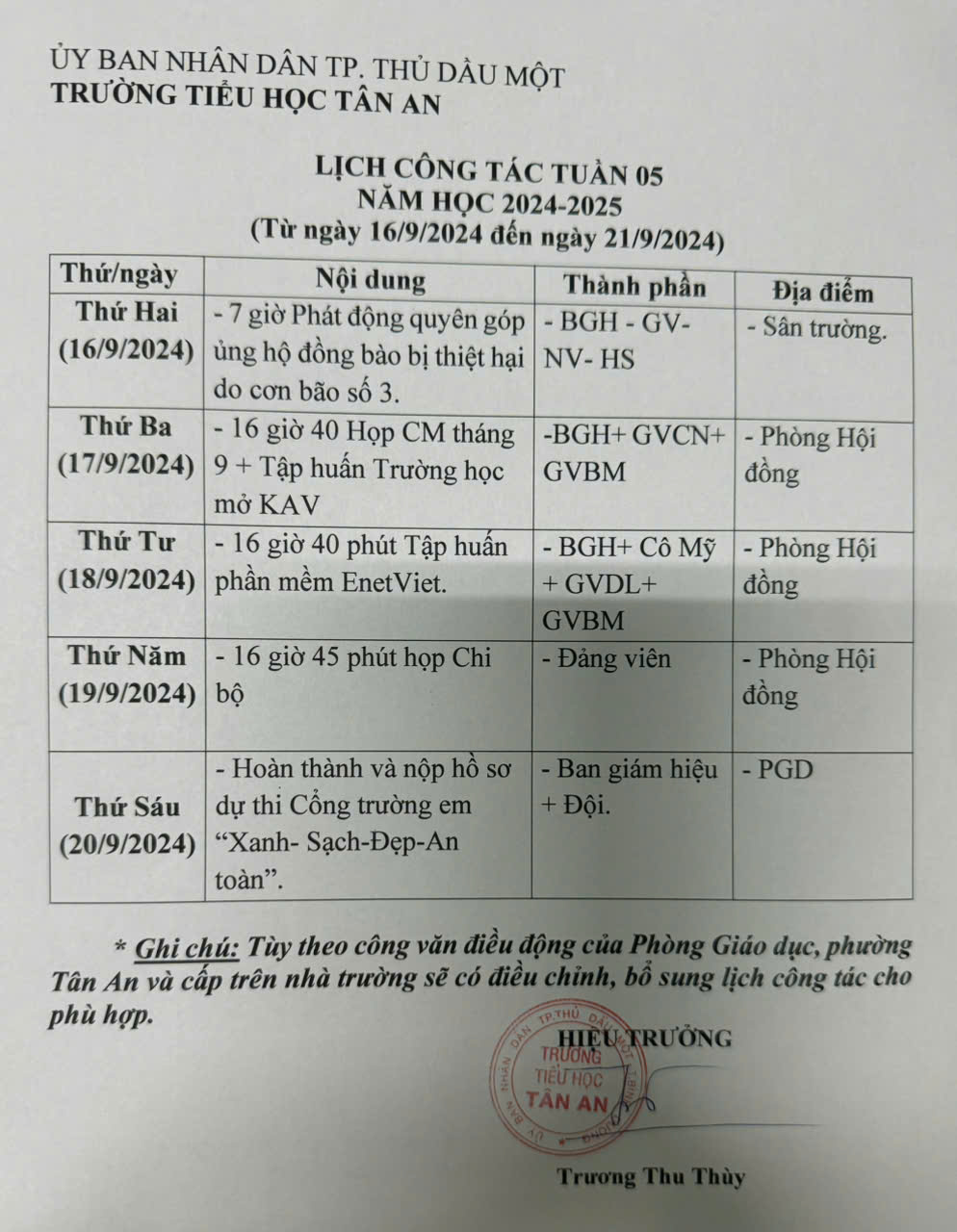 Lich làm việc trường TH Tân An