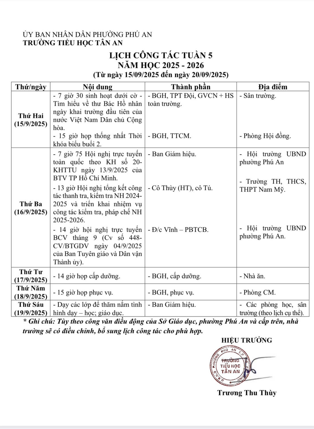 Lich làm việc trường TH Tân An