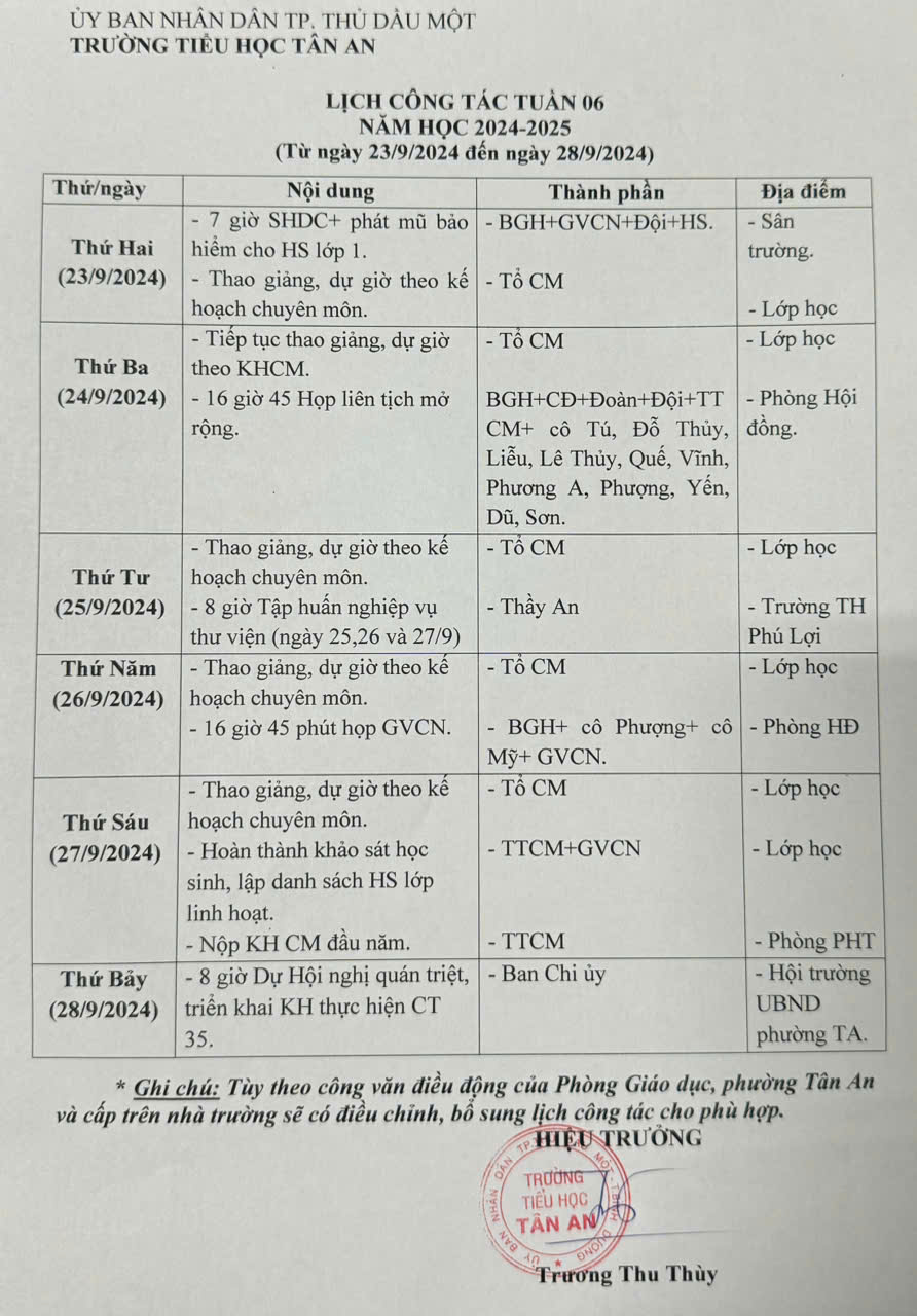 Lich làm việc trường TH Tân An