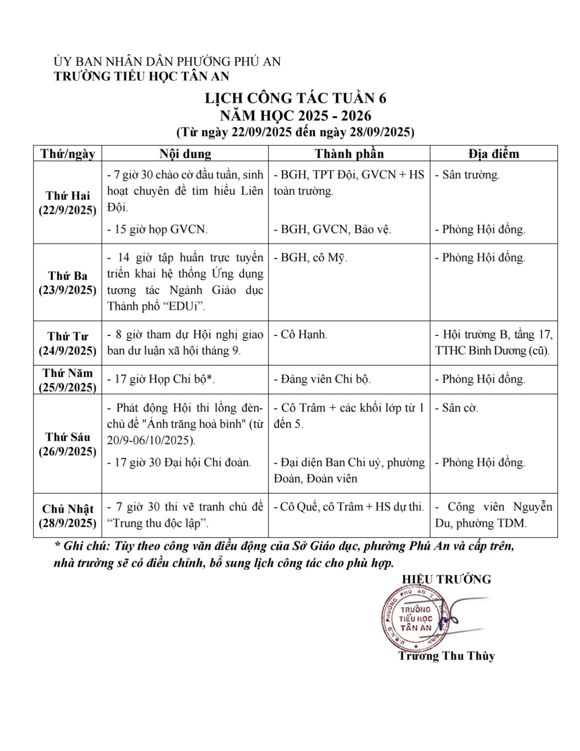 Lich làm việc trường TH Tân An