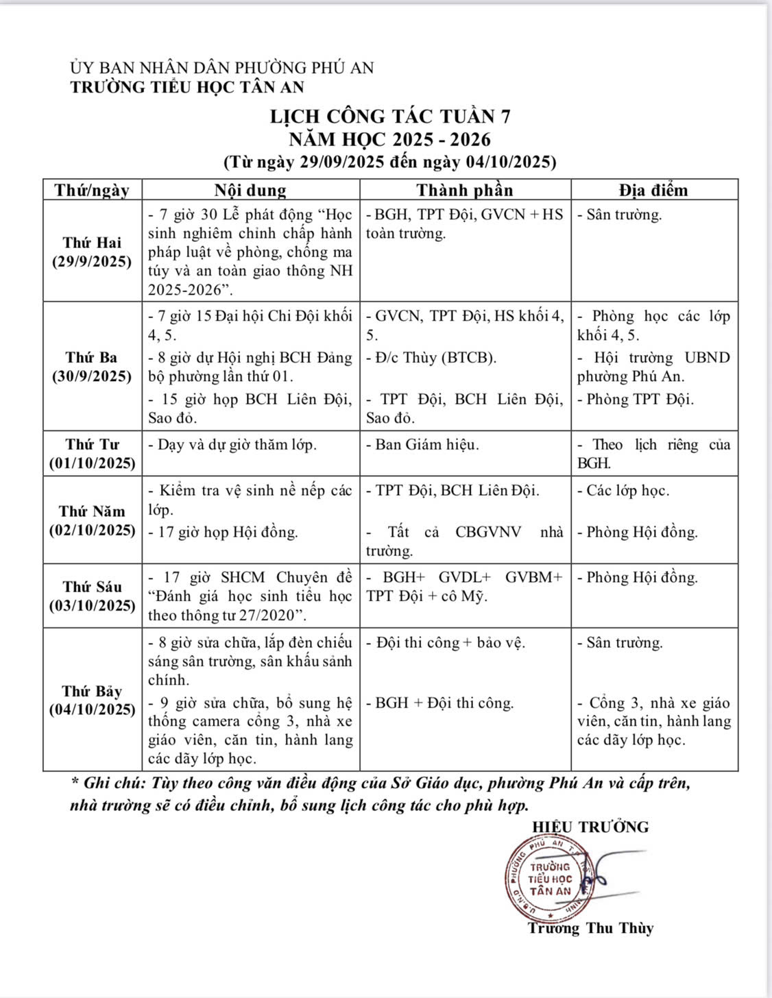 Lich làm việc trường TH Tân An