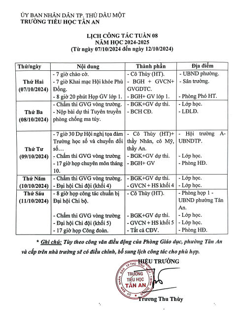 Lich làm việc trường TH Tân An