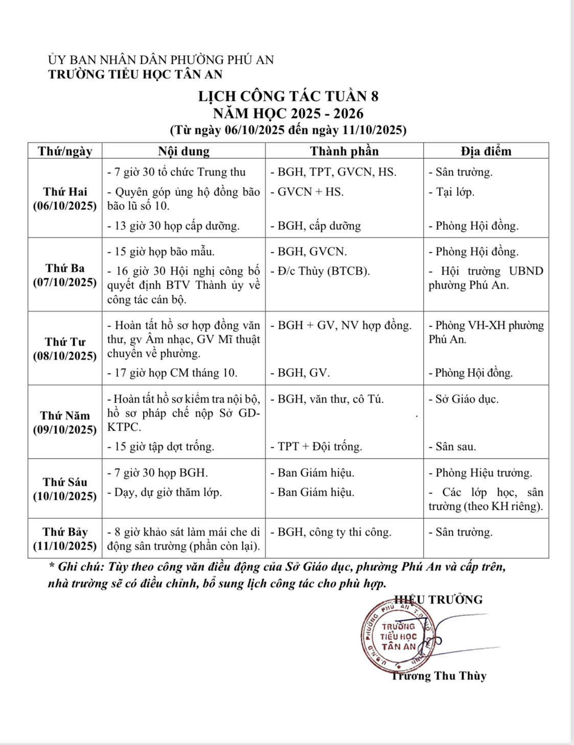 Lich làm việc trường TH Tân An