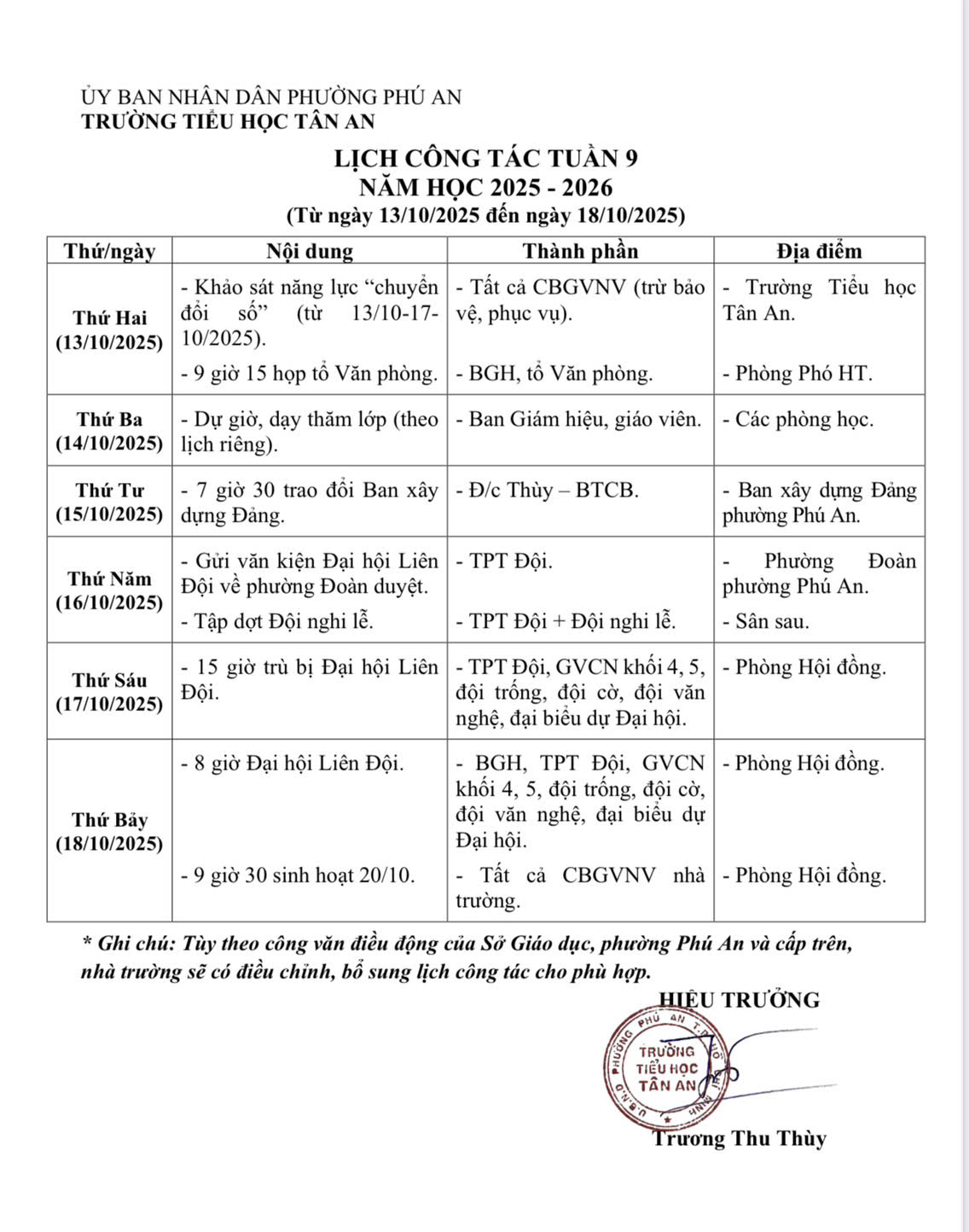 Lich làm việc trường TH Tân An