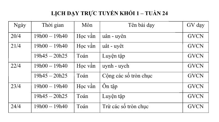 Lịch học trực tuyến khối 1 - tuần 24