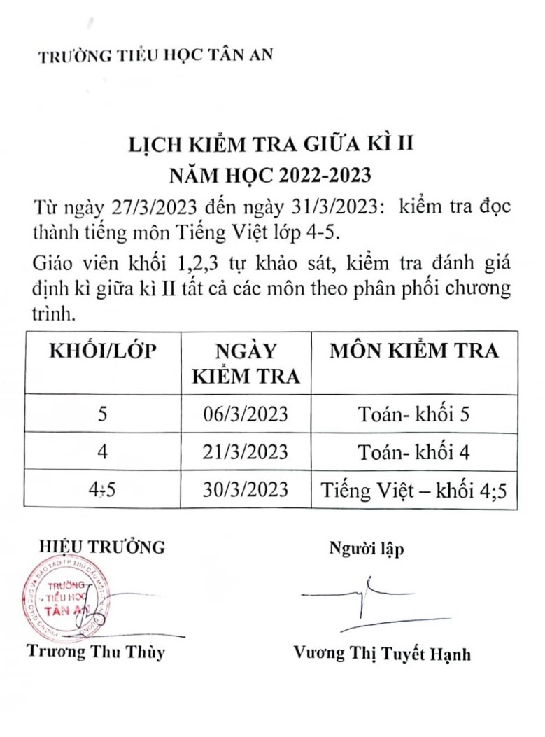 lịch kiểm tra giữa kỳ 2 2023