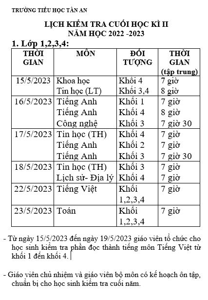 LỊCH KIỂM TRA CUỐI NĂM 2022 2023 1 2 3 4