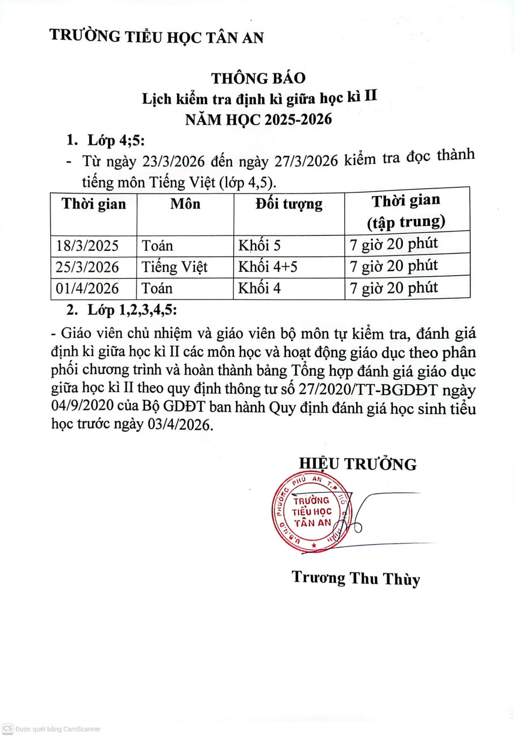 Lịch kiểm tra GKII 2025 2026