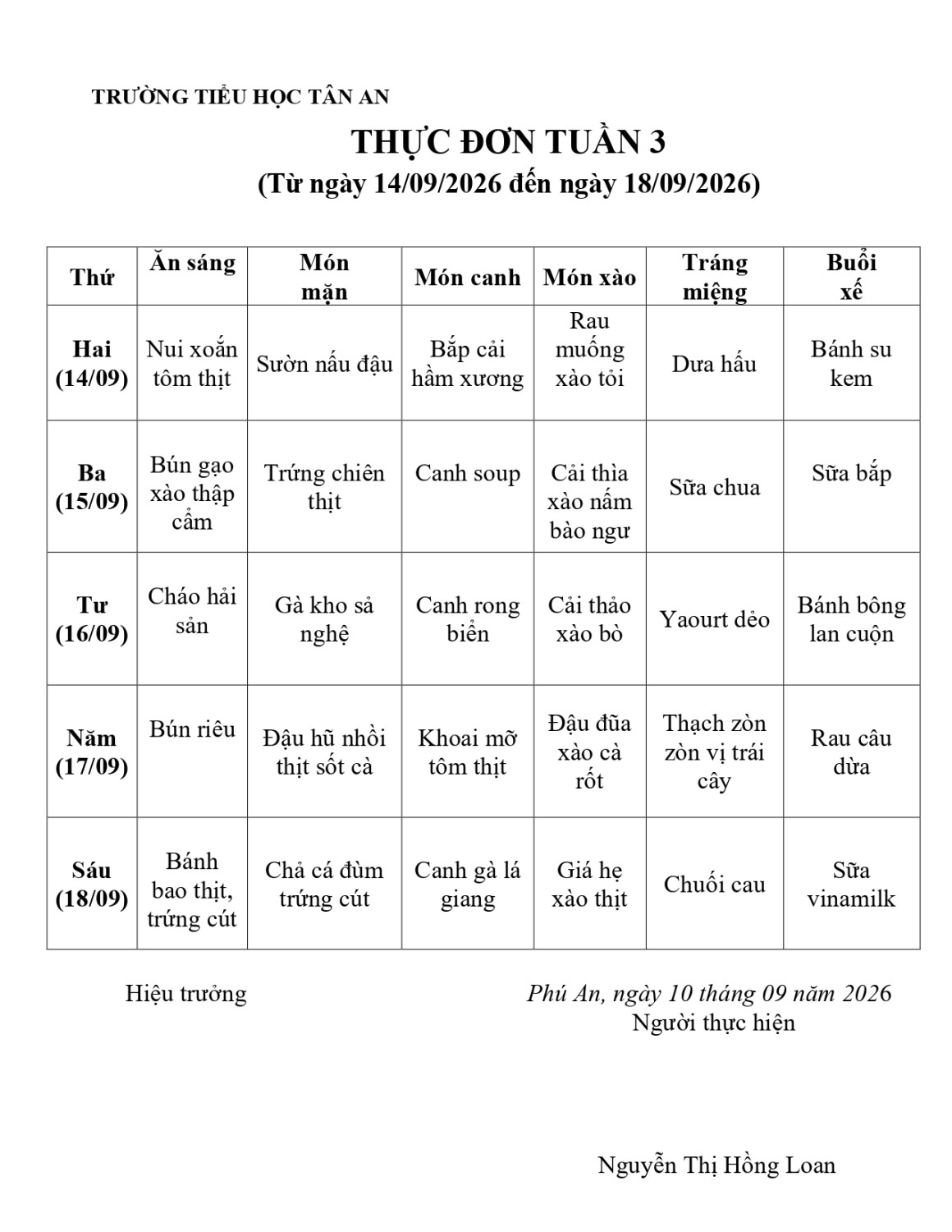 THỰC ĐƠN TUẦN 3 NH 2026-2027 (Từ 14/9/2026 đến 18/9/2026)