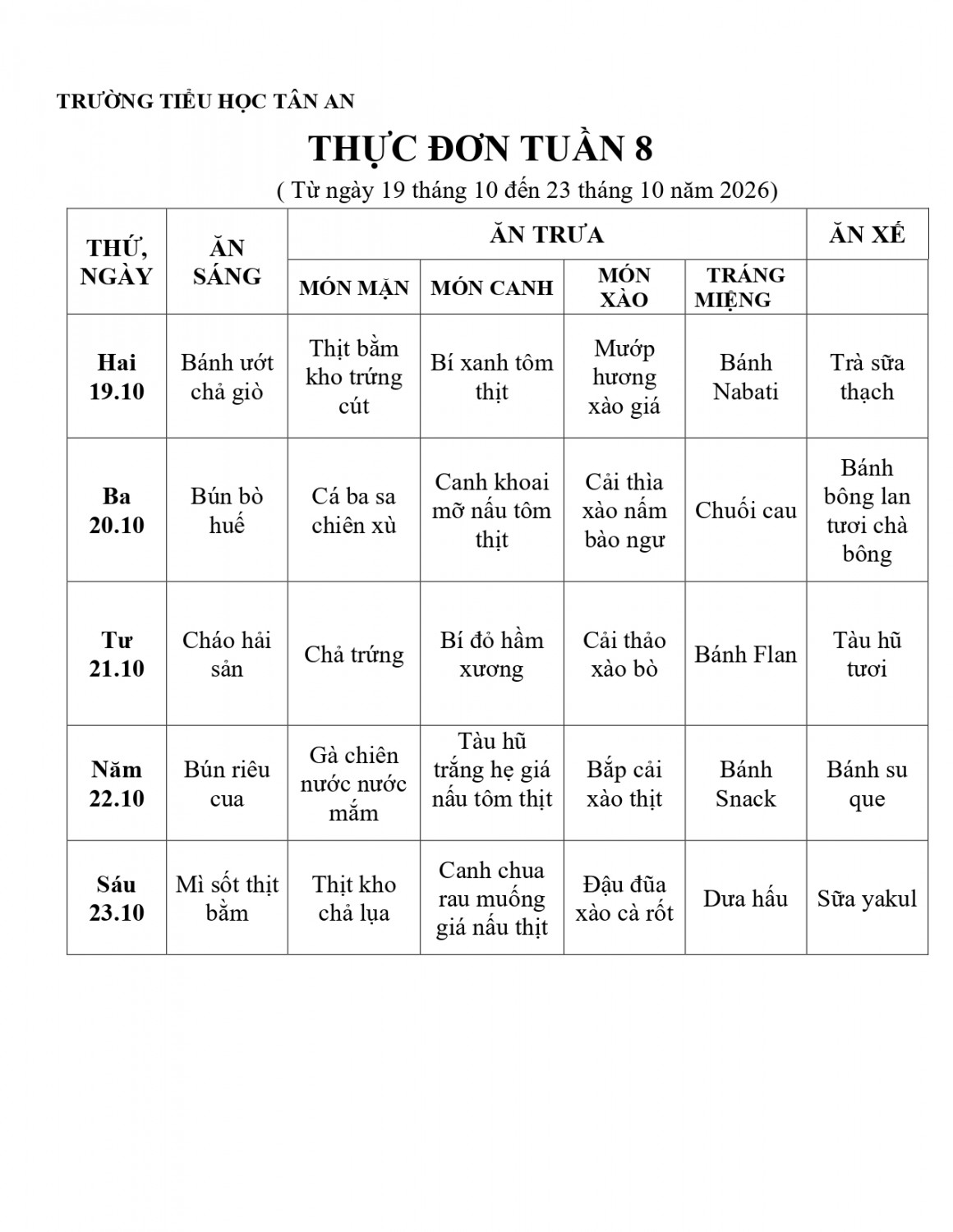 THỰC ĐƠN TUẦN 8 NH 2026-2027 (Từ 19/10/2026 đến 23/10/2026)